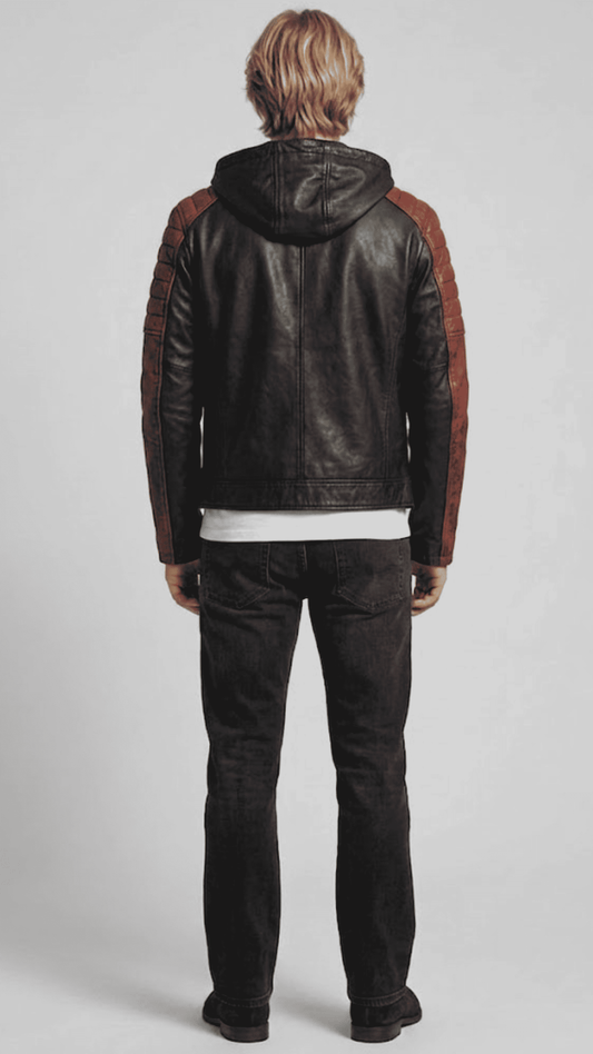 Men's modern streetwear fashion featuring a black and red bicolor leather jacket with a comfortable hood.