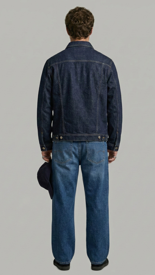 Person wearing a dark blue denim jacket and jeans on a gray background