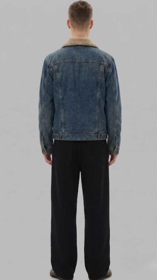 A man viewed from behind wearing a dark gray washed denim jacket with a white shearling collar, paired with dark gray jeans and brown shoes, against a light gray studio background.