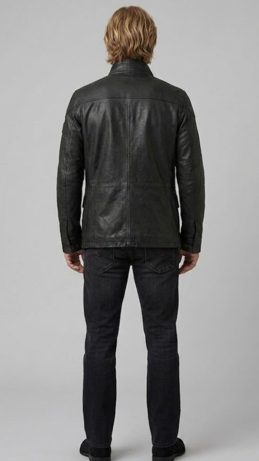 Versatile black leather field jacket layered over an urban outfit, perfect for combining practical utility with modern street fashion.