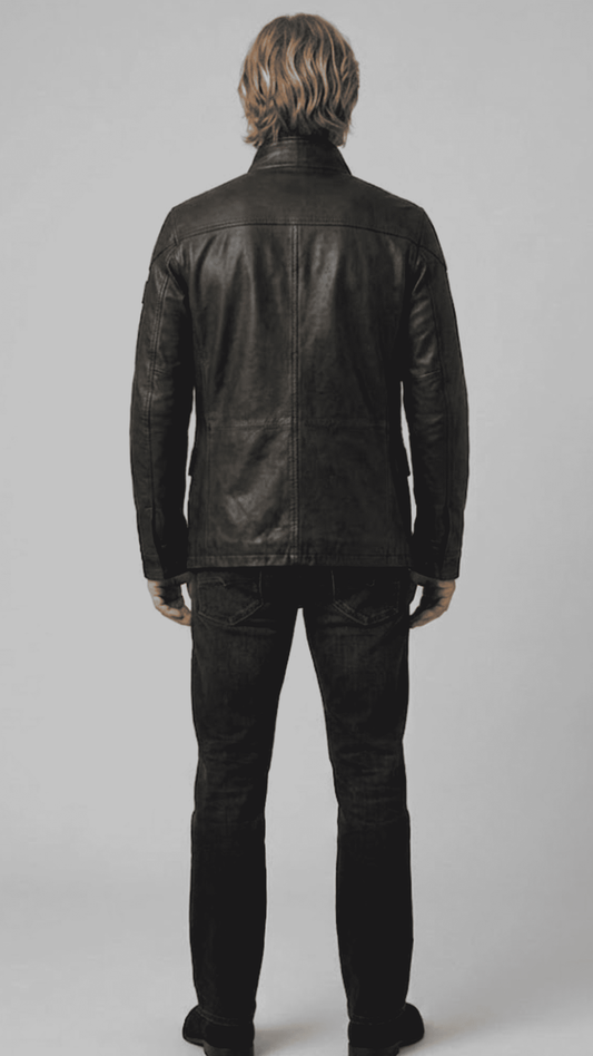 Versatile black leather field jacket layered over an urban outfit, perfect for combining practical utility with modern street fashion.