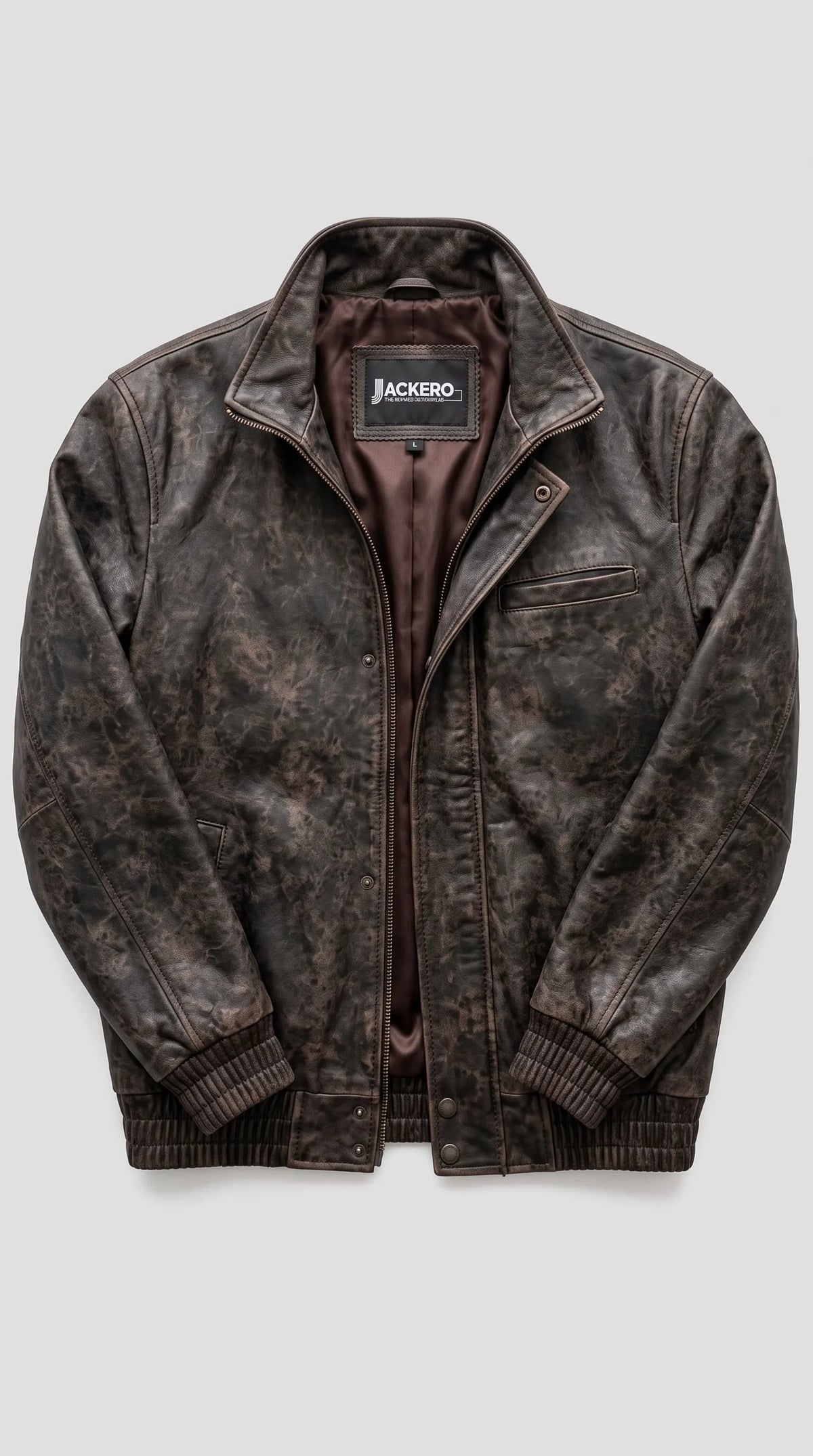 Classic vintage brown leather Harrington-style jackero jacket for men with heritage details, brass snaps, and zip closure