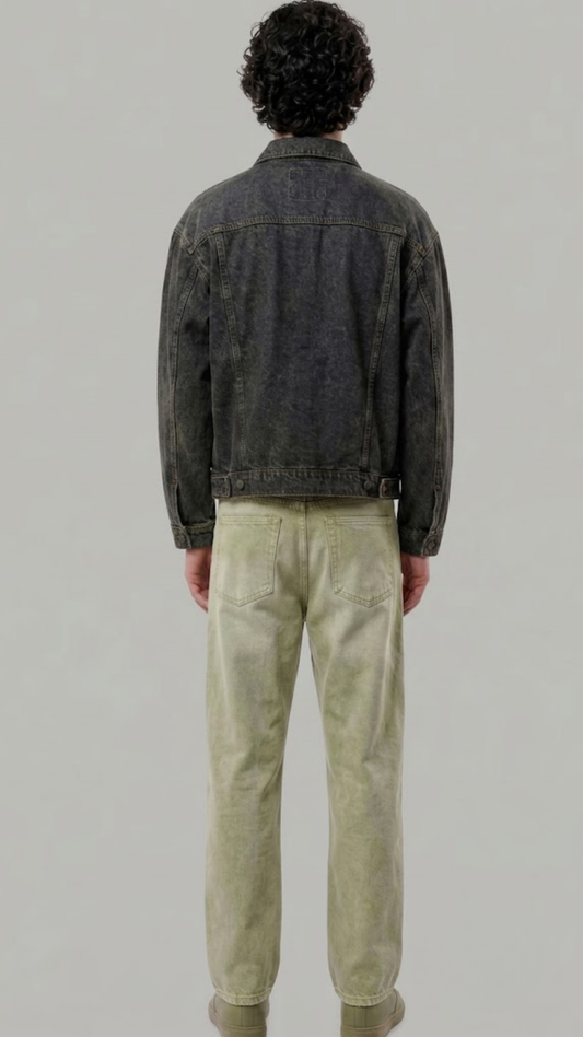 A man viewed from behind wearing a dark charcoal grey denim jacket and blue jeans, standing against a light gray studio background.