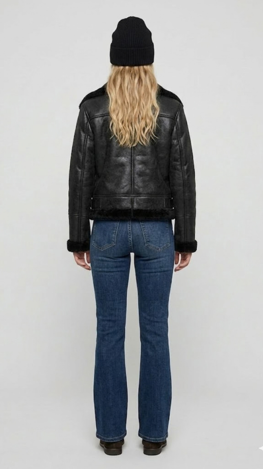 Rear view of the black leather shearling jacket showing the seamless stitching and comfortable heavy winter fit.