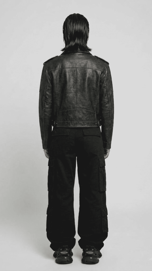 Straight-on back view of a minimalist black café racer leather jacket showcasing its structured paneling and fitted silhouette.