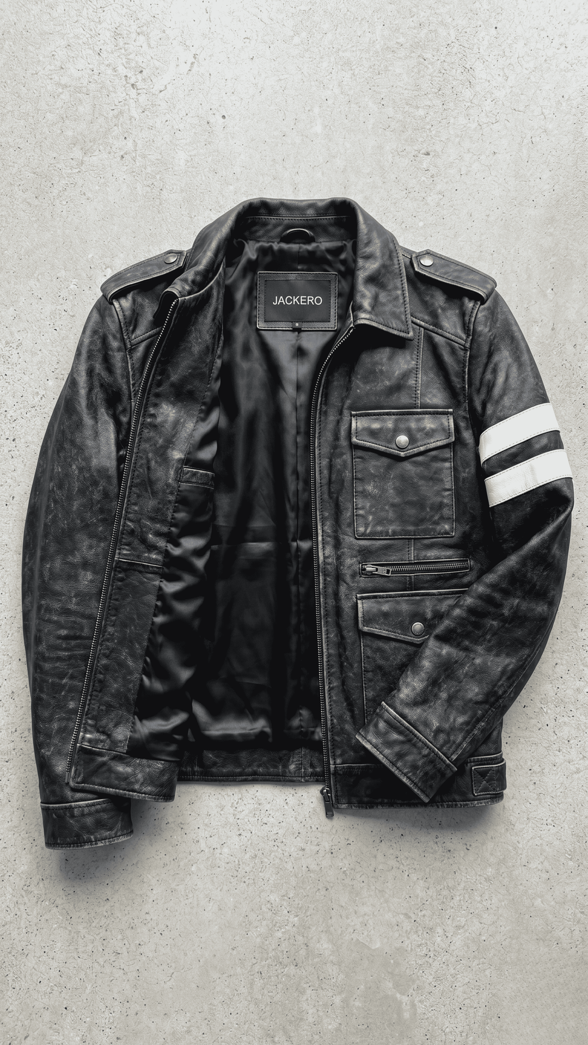 Authentic Jackero premium black leather cafe racer jacket captured against a solid grey studio backdrop for high-end e-commerce presentation.