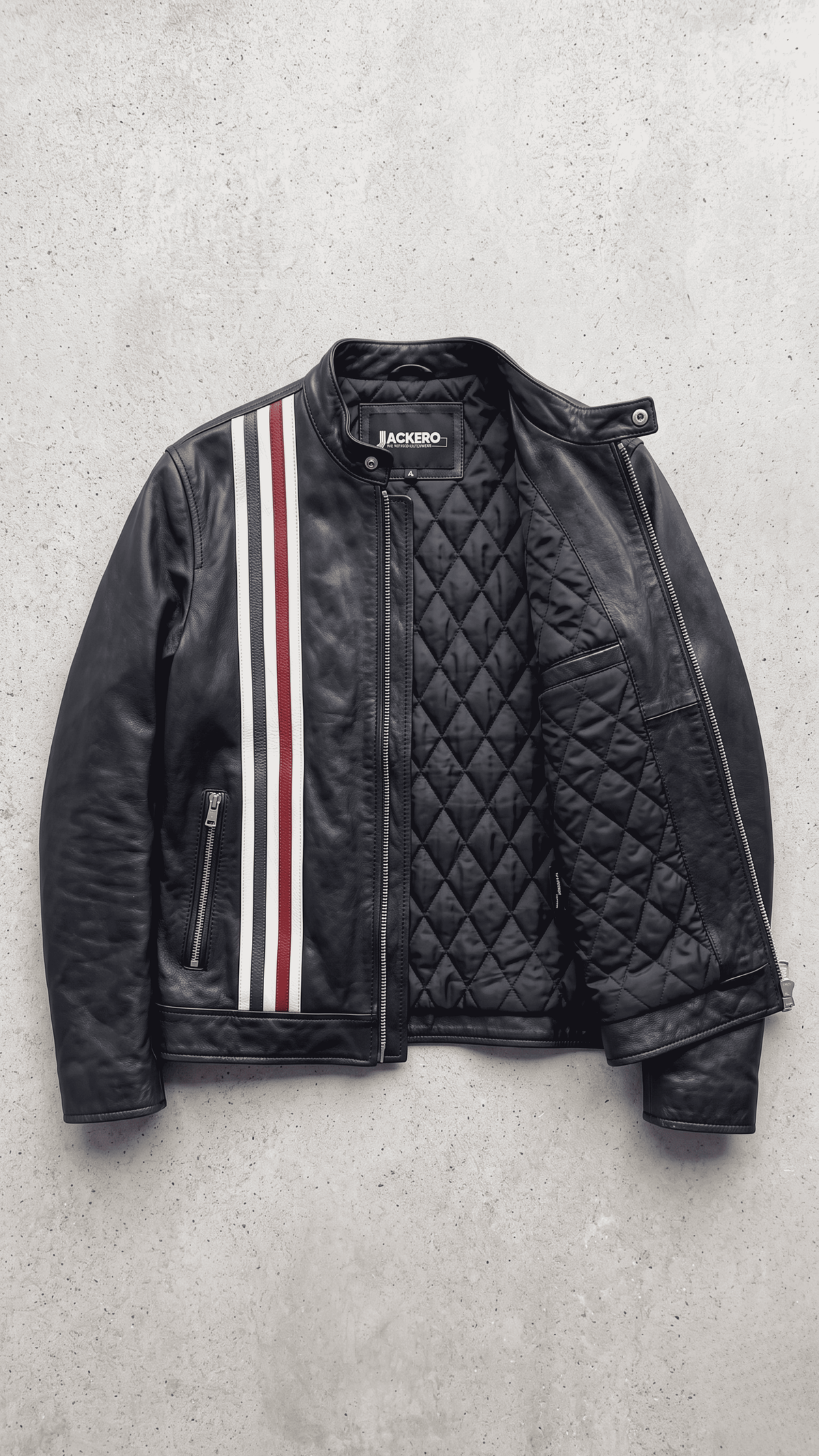 Jackero dark black striped leather jacket displayed elegantly against a clean studio backdrop.