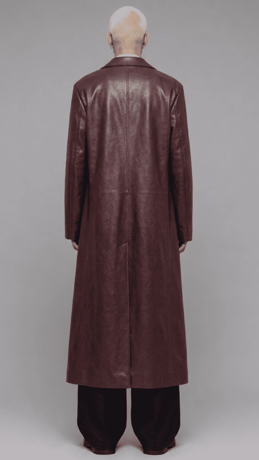 Rear view of men dark red long leather duster showing back vent slit and tailored stitching details