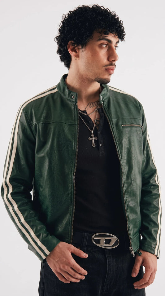 Side profile of a retro style dark green leather jacket highlighting bold white athletic stripes down the sleeve, natural leather texture and semi-aniline finish