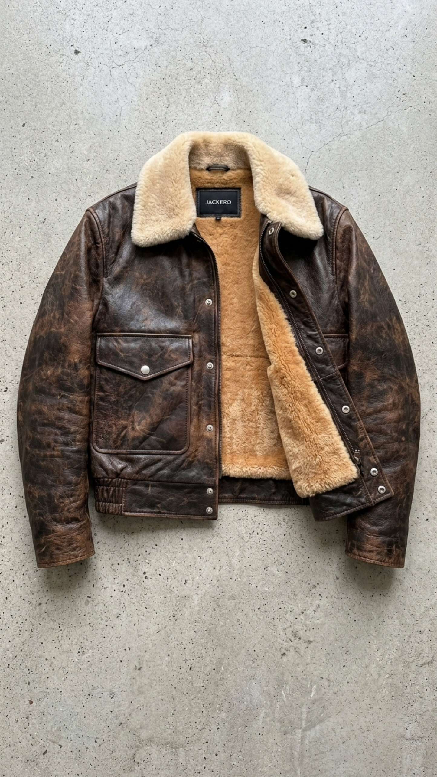 Brown leather jacket with beige fur lining on a gray concrete surface