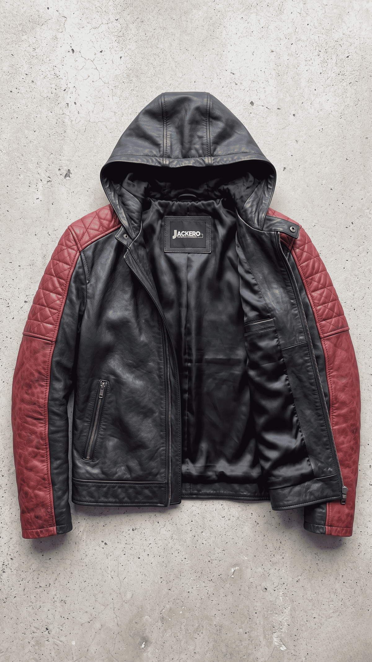 High-quality genuine leather jacket in dark black with contrasting red diamond quilted shoulders and hood.