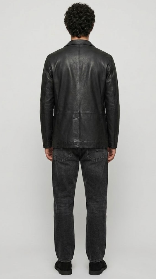 back-angle profile of a regular fit black leather dinner jacket displaying smooth drape and premium leather material quality.