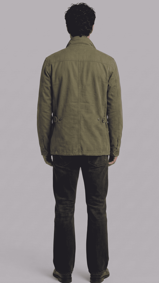 Regular fit olive utility outerwear layered perfectly over a casual sweater for a clean urban streetwear aesthetic.