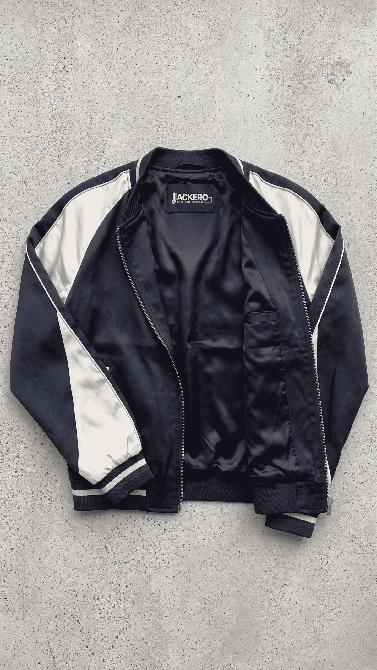 Jackero dark navy blue striped silk cotton jacket beautifully showcased on a minimalist studio backdrop.