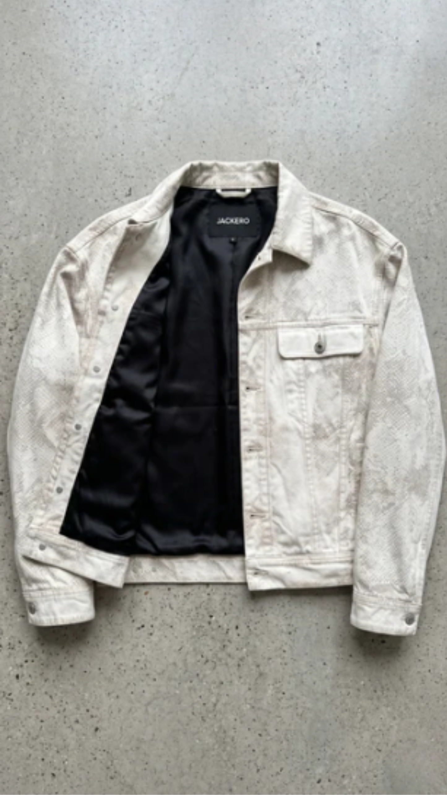 off-white denim jacket with black silk inner lining