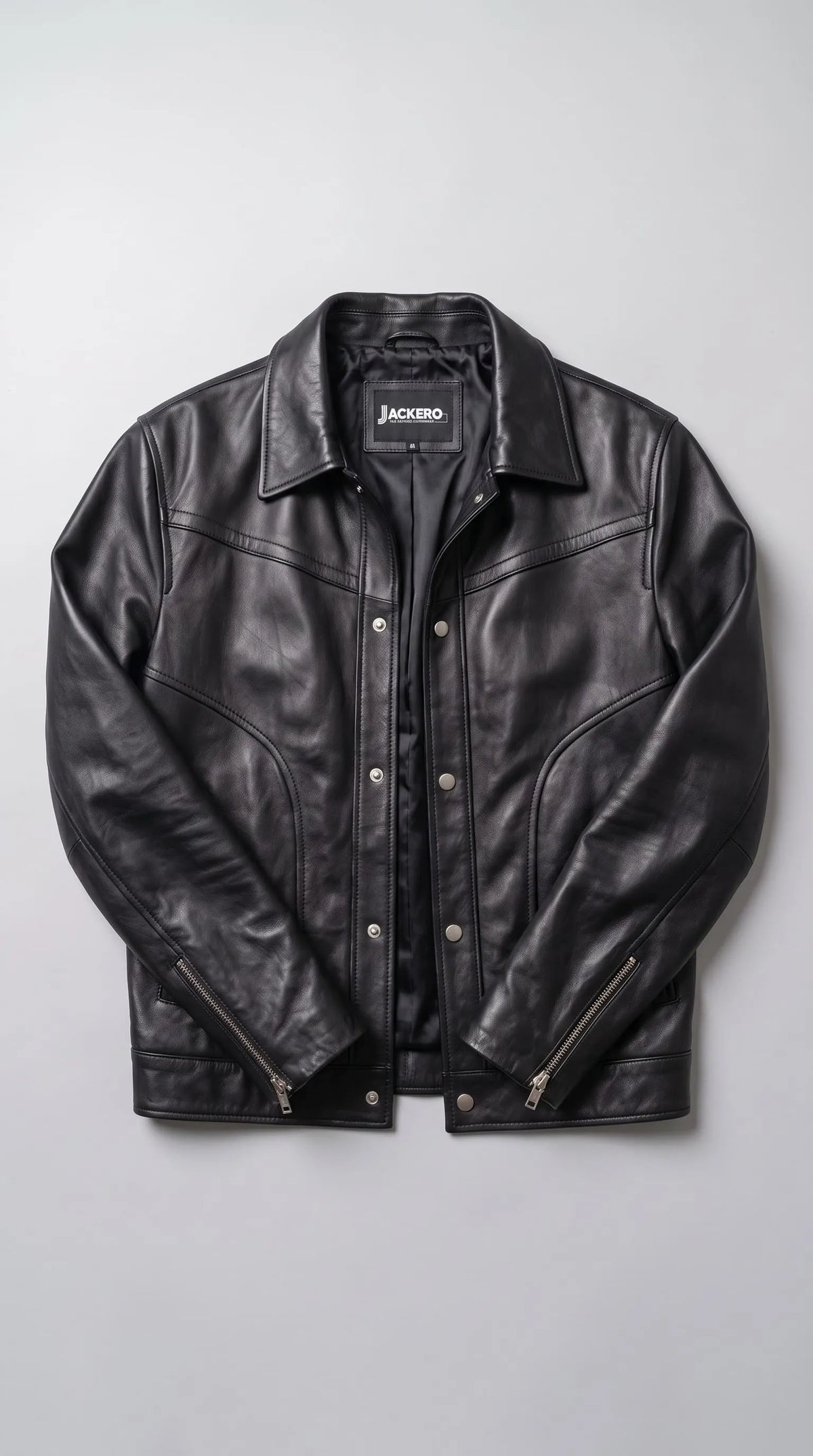 JACKERO deepest-black genuine leather baggy jacket displayed open to reveal its smooth black inner lining and branded neck label. The pointed collar, dual zip-and-snap front closure, two diagonal chest zip pockets and two side waist pockets showcase the jacket’s functional construction, while the curved leather panels and relaxed silhouette give this statement outerwear a distinctive modern moto character.