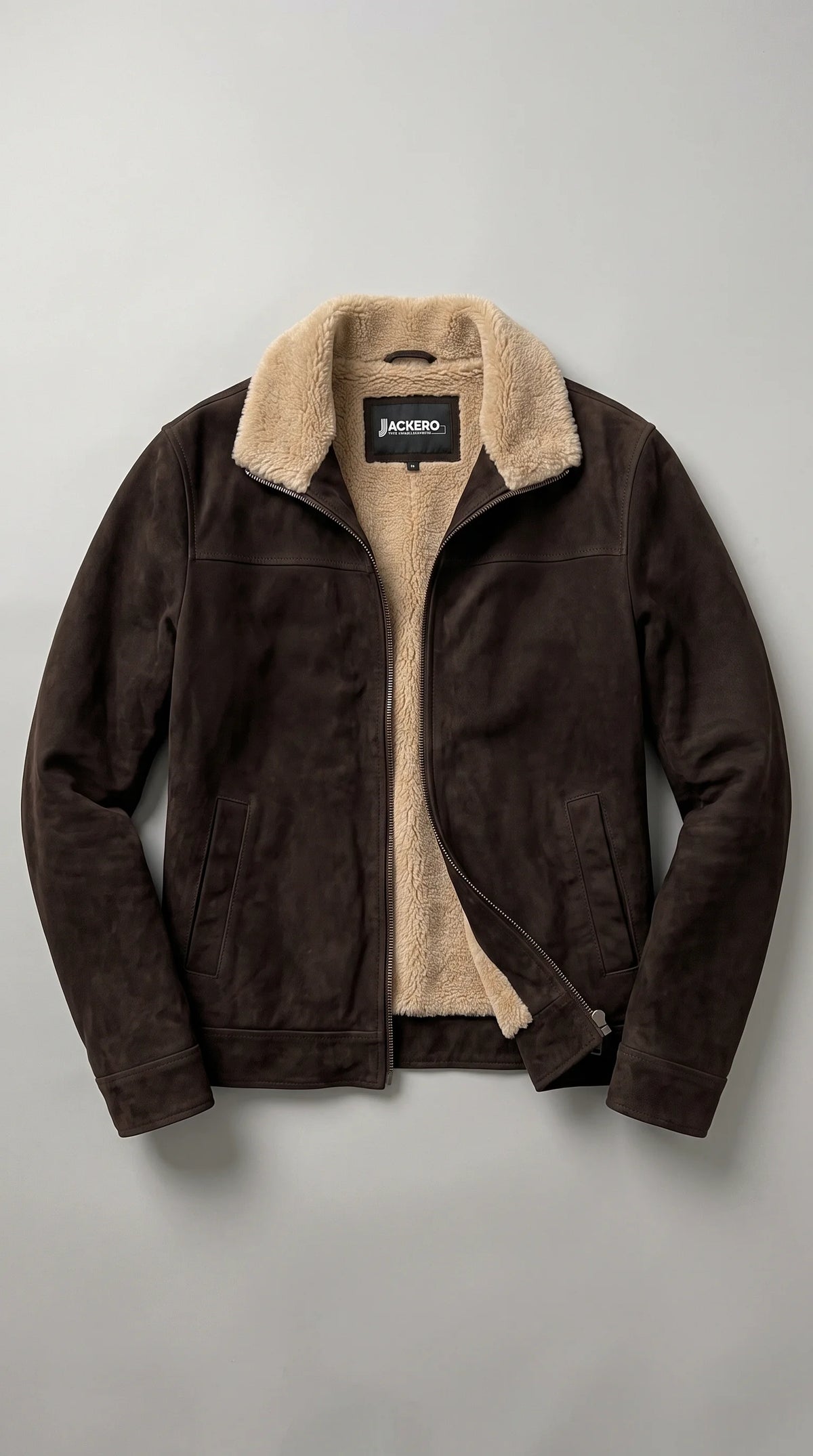 The JACKERO dark chocolate brown genuine suede jacket is presented in a clean studio setting, showcasing its plush cream shearling lining, rich textured exterior, structured collar and full-length zip closure. The balanced neutral palette and rugged refined construction make this statement piece a distinctive option for premium winter outfits and contemporary heritage-inspired menswear.