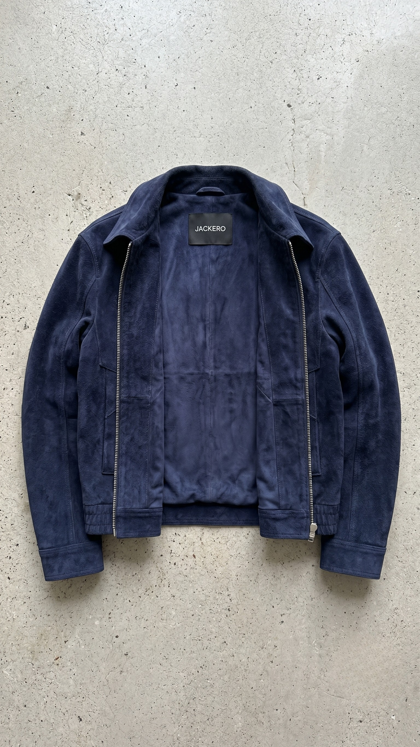 JACKERO rich textured, premium dark navy genuine suede on a tailored Jackero bomber jacket.