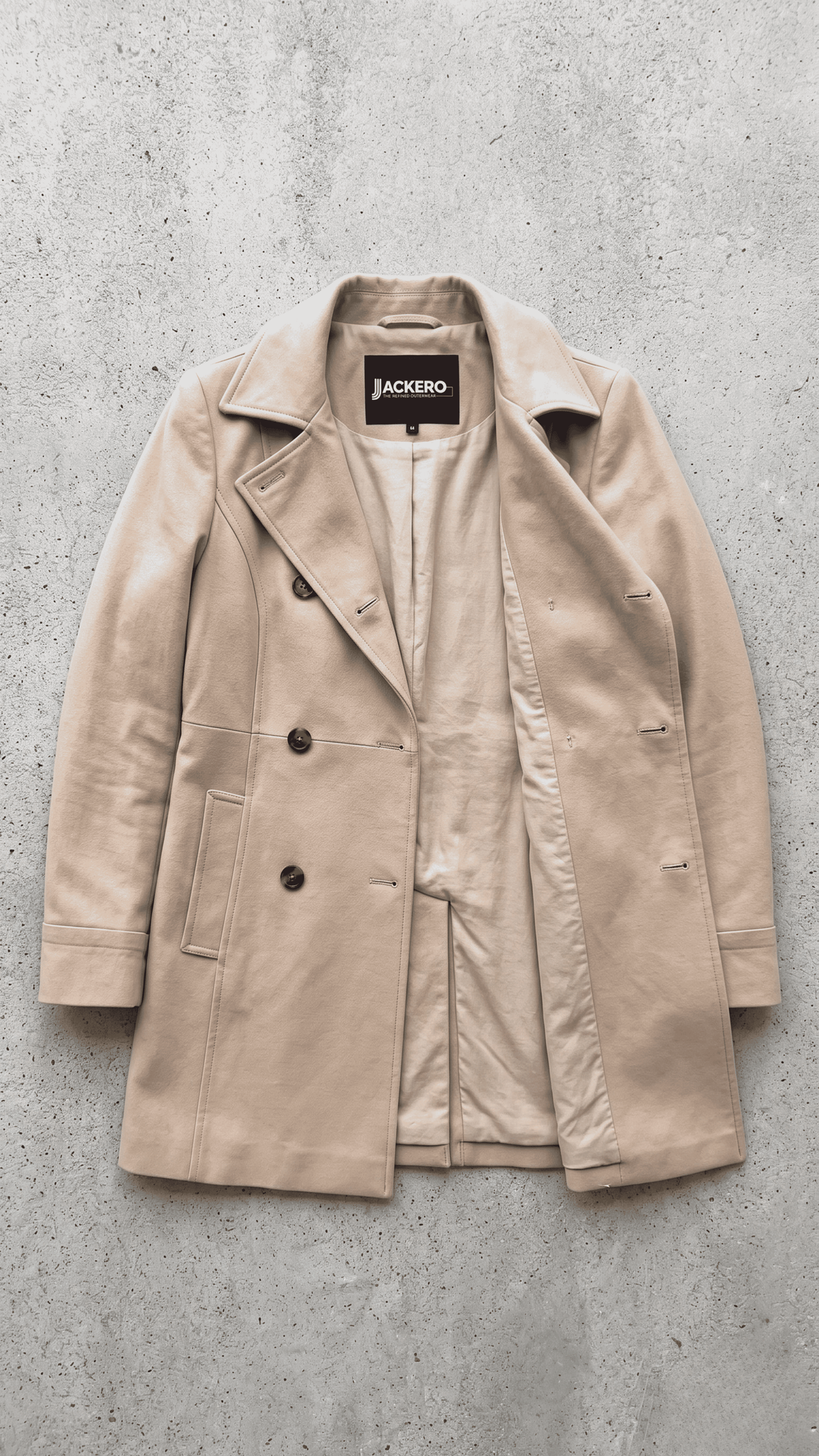 Jackero beige soft cotton long coat presented flawlessly on a clean, minimalist studio backdrop.