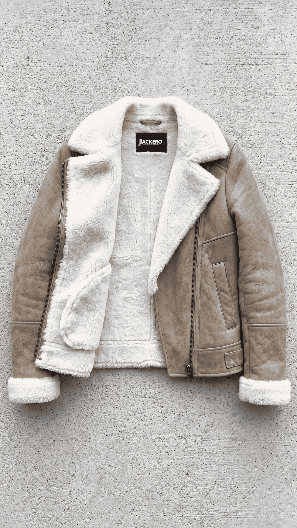 Jackero beige suede jacket with premium white shearling lining displayed beautifully against a minimalist studio backdrop.