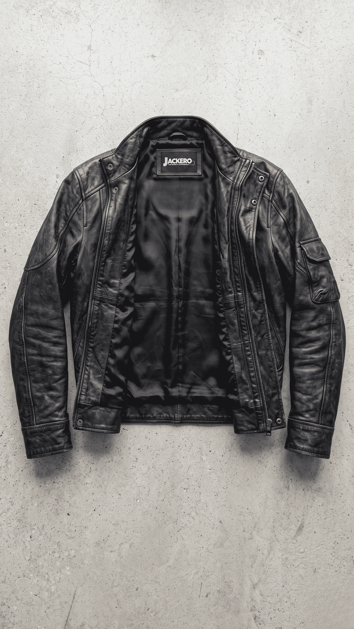 Jackero black distressed leather jacket beautifully showcased against a clean, minimalist studio backdrop.