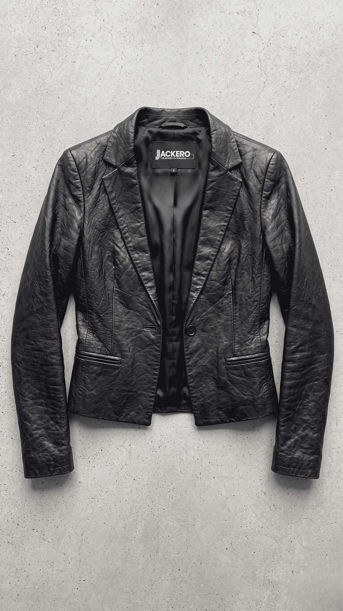 Jackero black leather blazer jacket beautifully presented against a clean, minimalist studio backdrop.