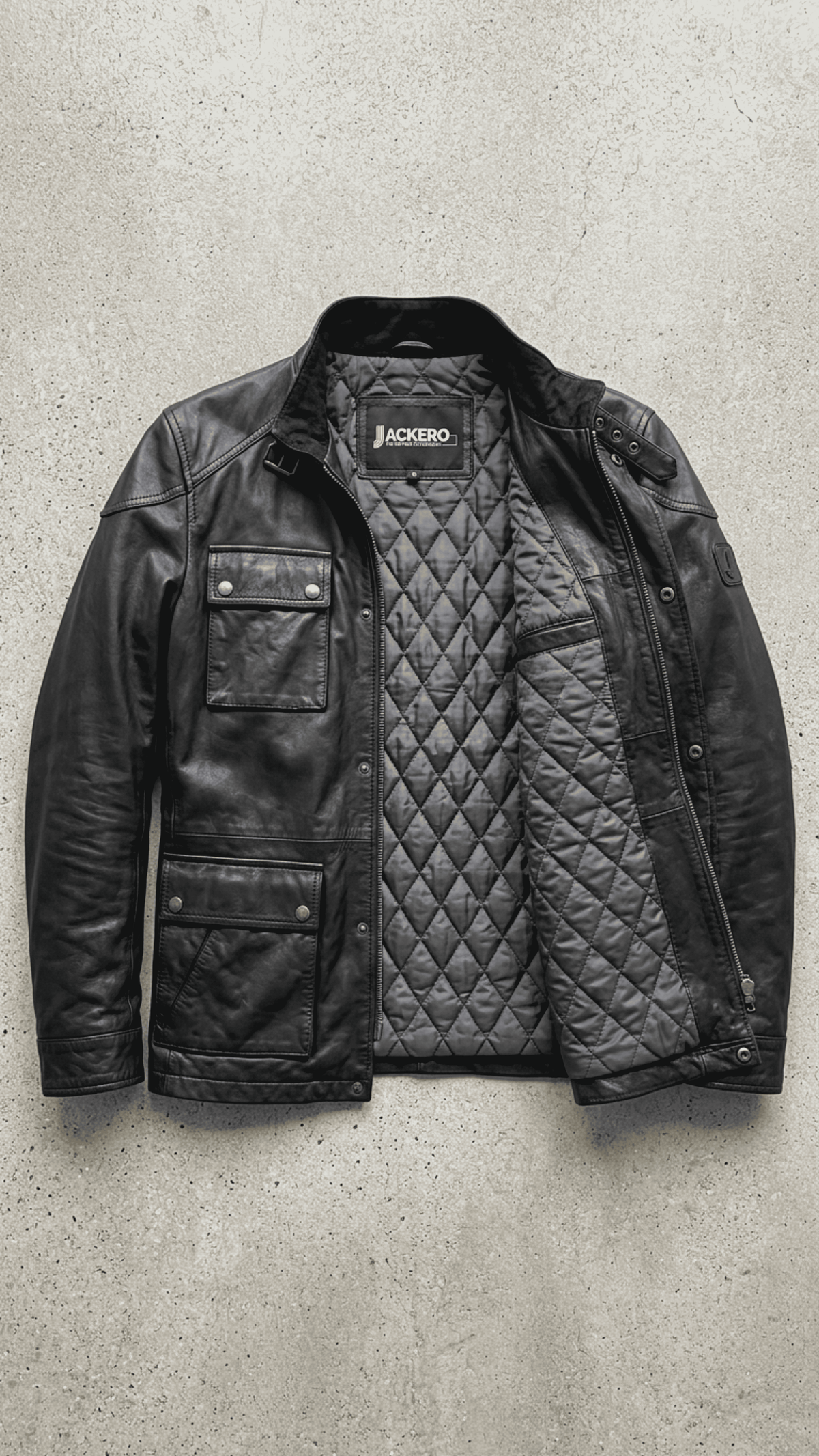 Jackero black leather field jacket with multi-pocket design beautifully presented against a clean, minimalist studio backdrop.