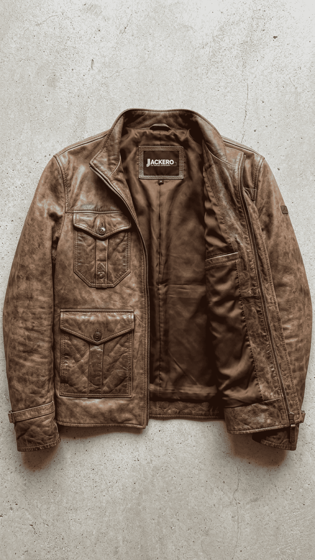 Jackero brown distressed leather field jacket with multi-pocket design beautifully presented against a clean, minimalist studio backdrop.