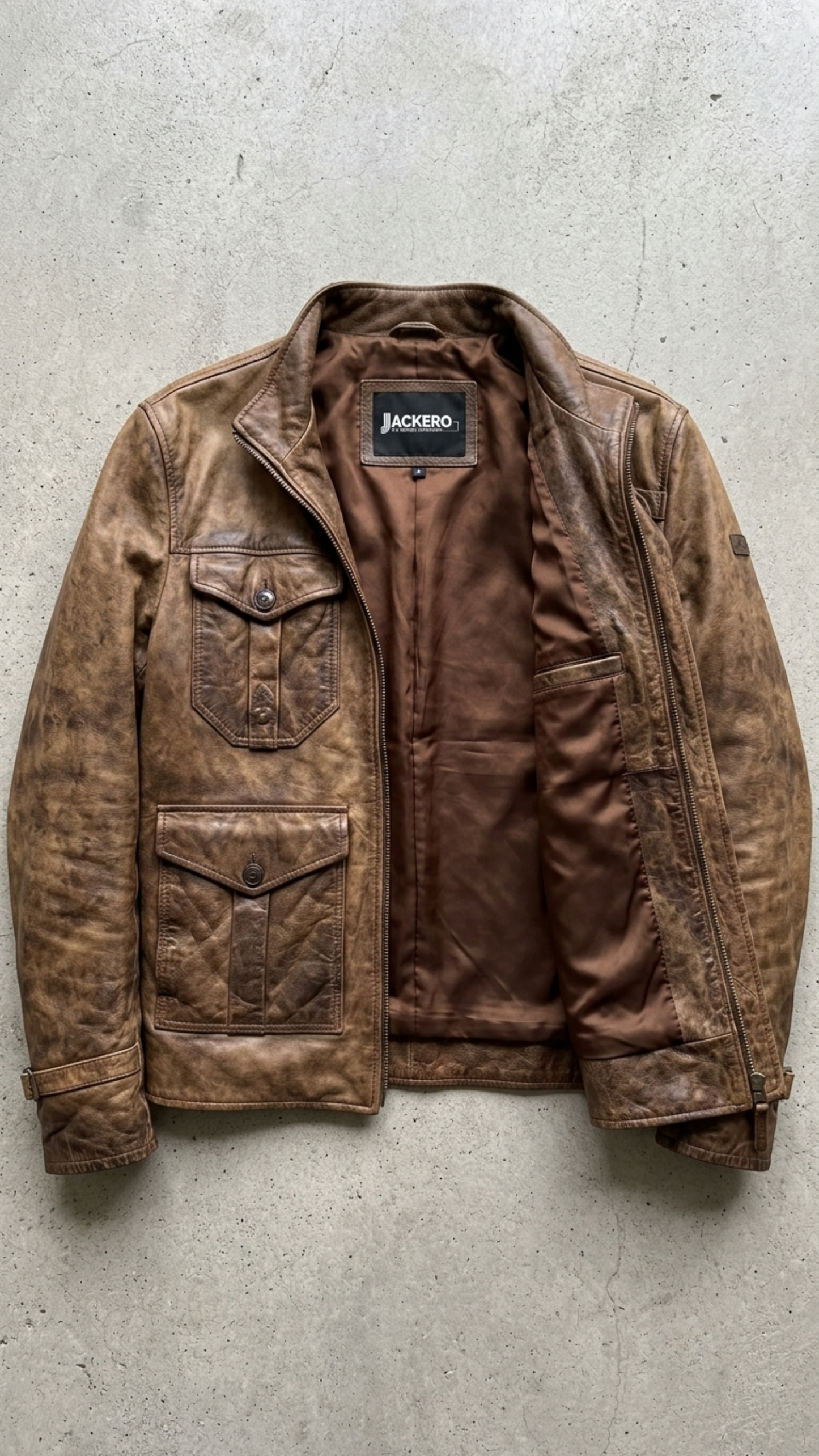 Jackero brown distressed leather field jacket with multi-pocket design beautifully presented against a clean, minimalist studio backdrop.