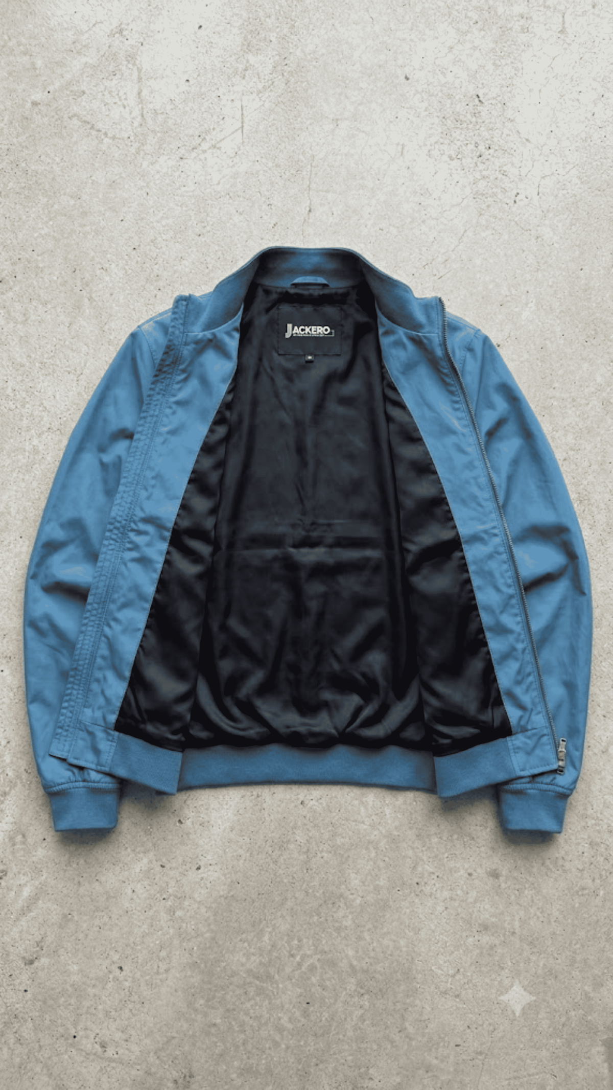 Jackero contemporary cyan silk cotton blend bomber jacket beautifully presented against a clean, minimalist studio backdrop.