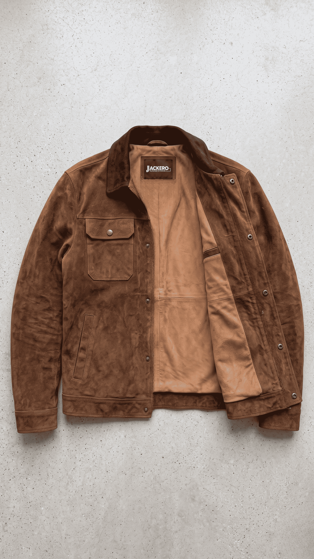 Jackero dark chocolate brown suede jacket beautifully presented against a clean, minimalist studio backdrop.