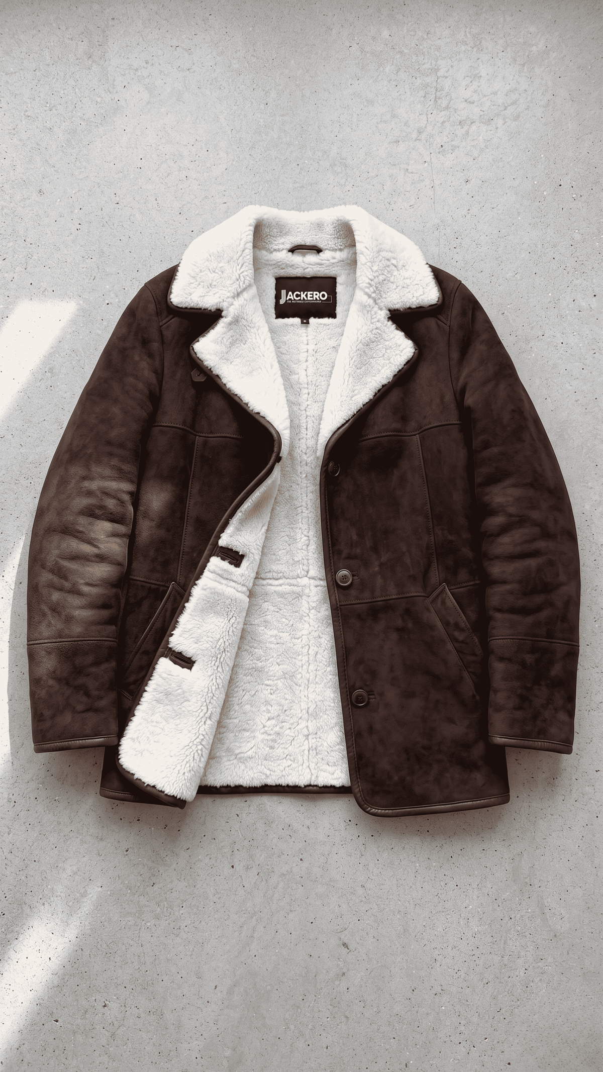 Jackero dark chocolate brown suede coat with premium white shearling details displayed beautifully on a minimalist studio backdrop.