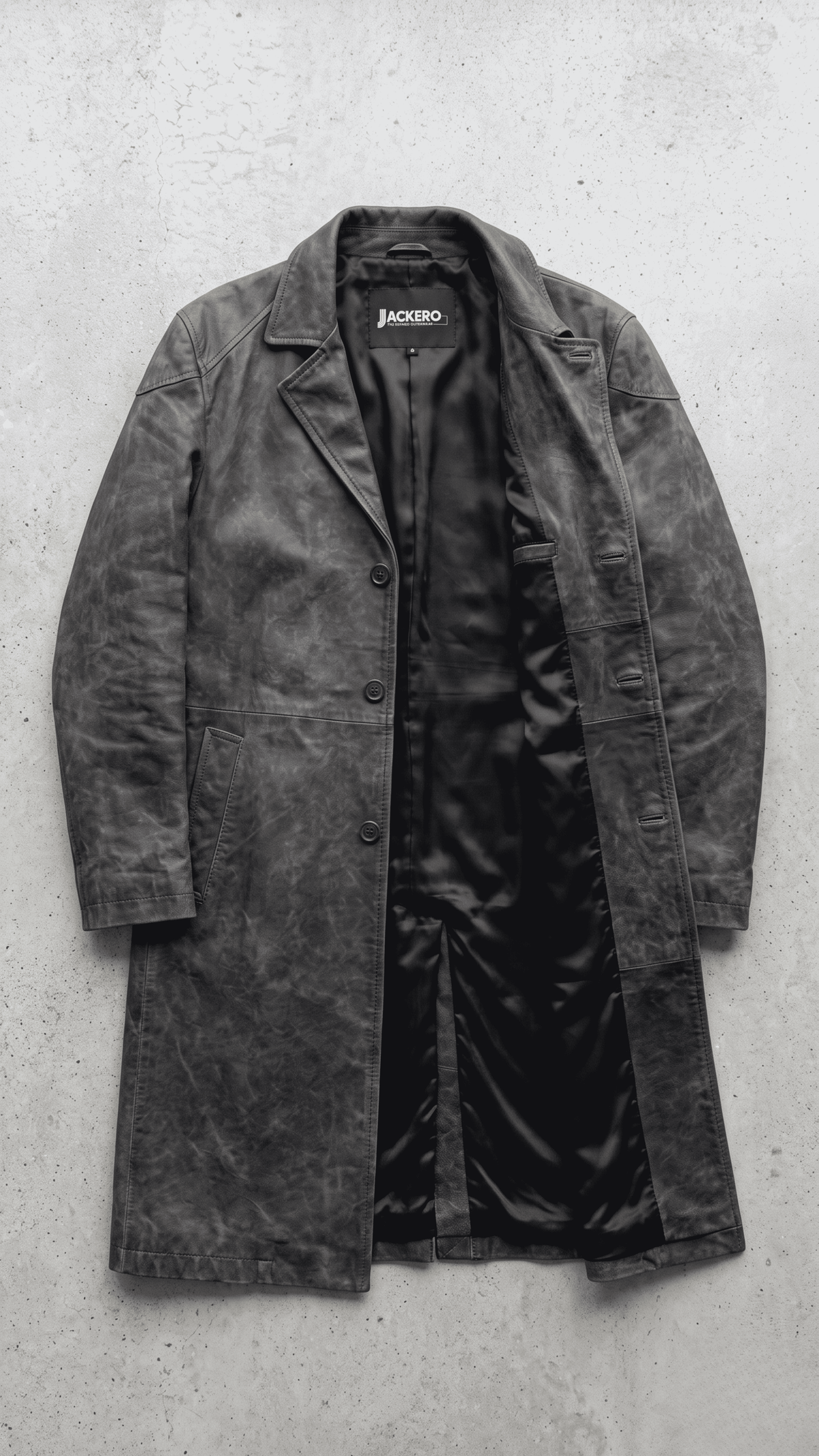 Jackero dark grey distressed leather overcoat beautifully presented against a clean, minimalist studio backdrop.