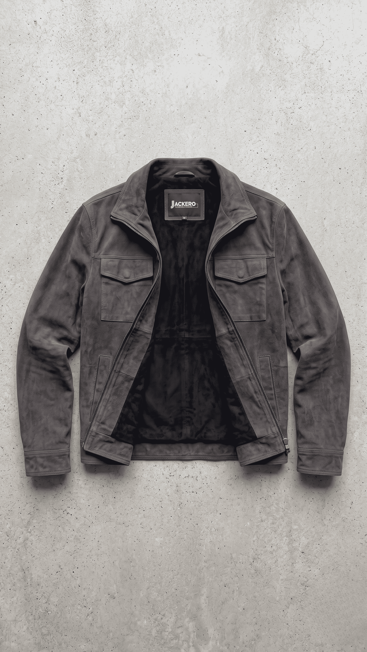 Jackero dark grey utility suede multi-pocket jacket beautifully displayed against a clean, minimalist studio background.