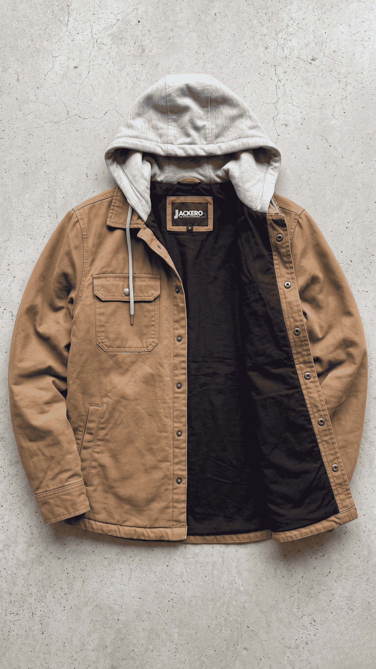 Jackero dark tan work wear hooded jacket beautifully showcased against a clean, minimalist studio backdrop.
