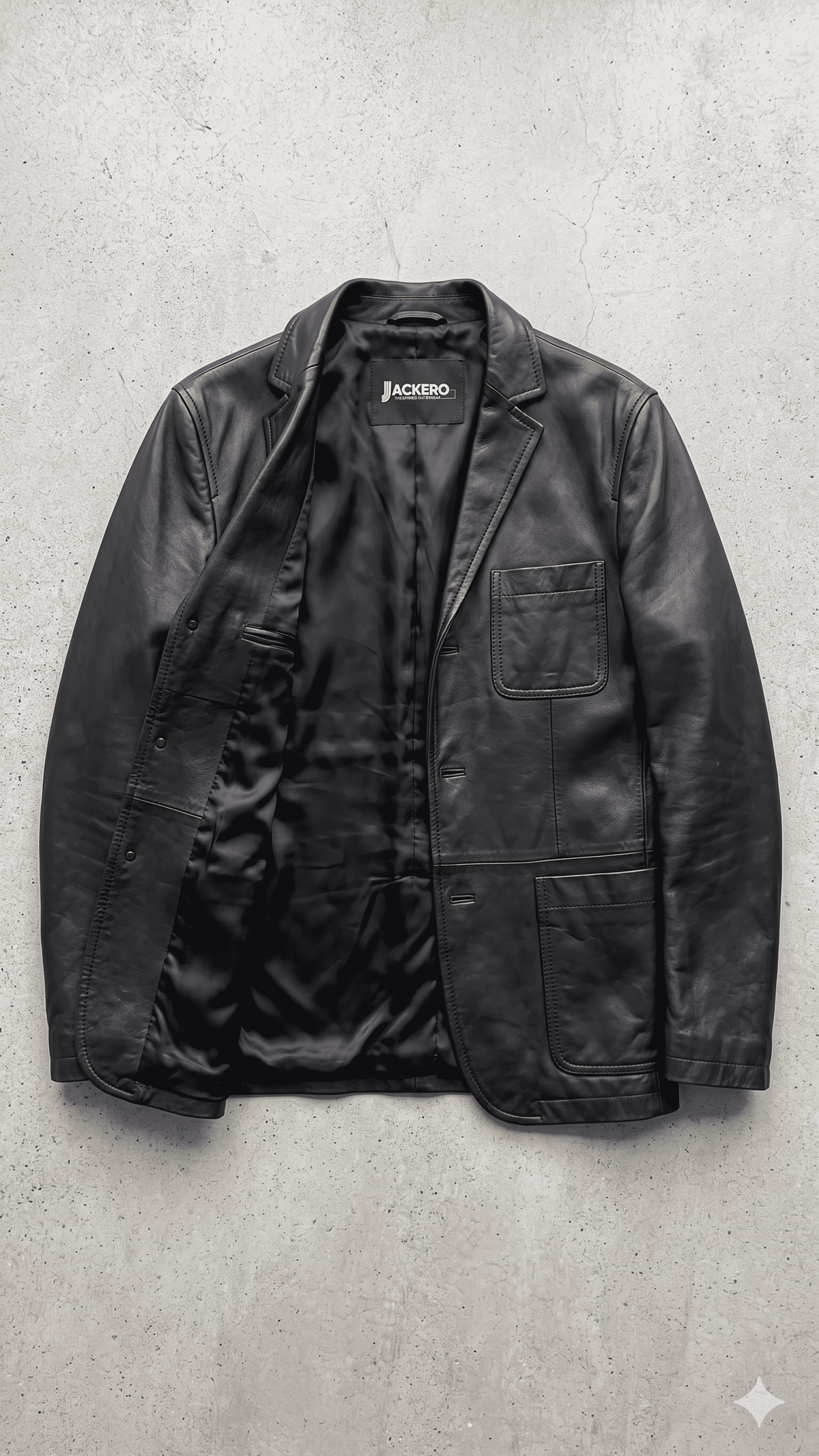 Jackero contemporary black leather blazer jacket perfectly framed against a clean, professional grey studio backdrop.