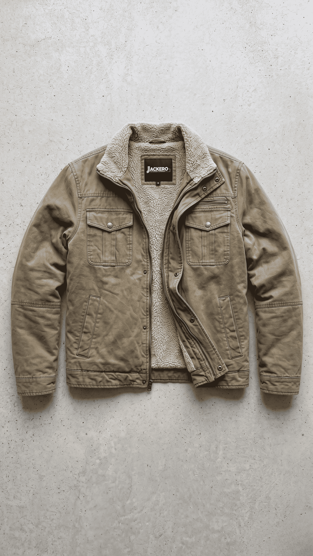 Jackero olive cotton shearling jacket perfectly displayed on a clean studio backdrop highlighting its rich winter texture.
