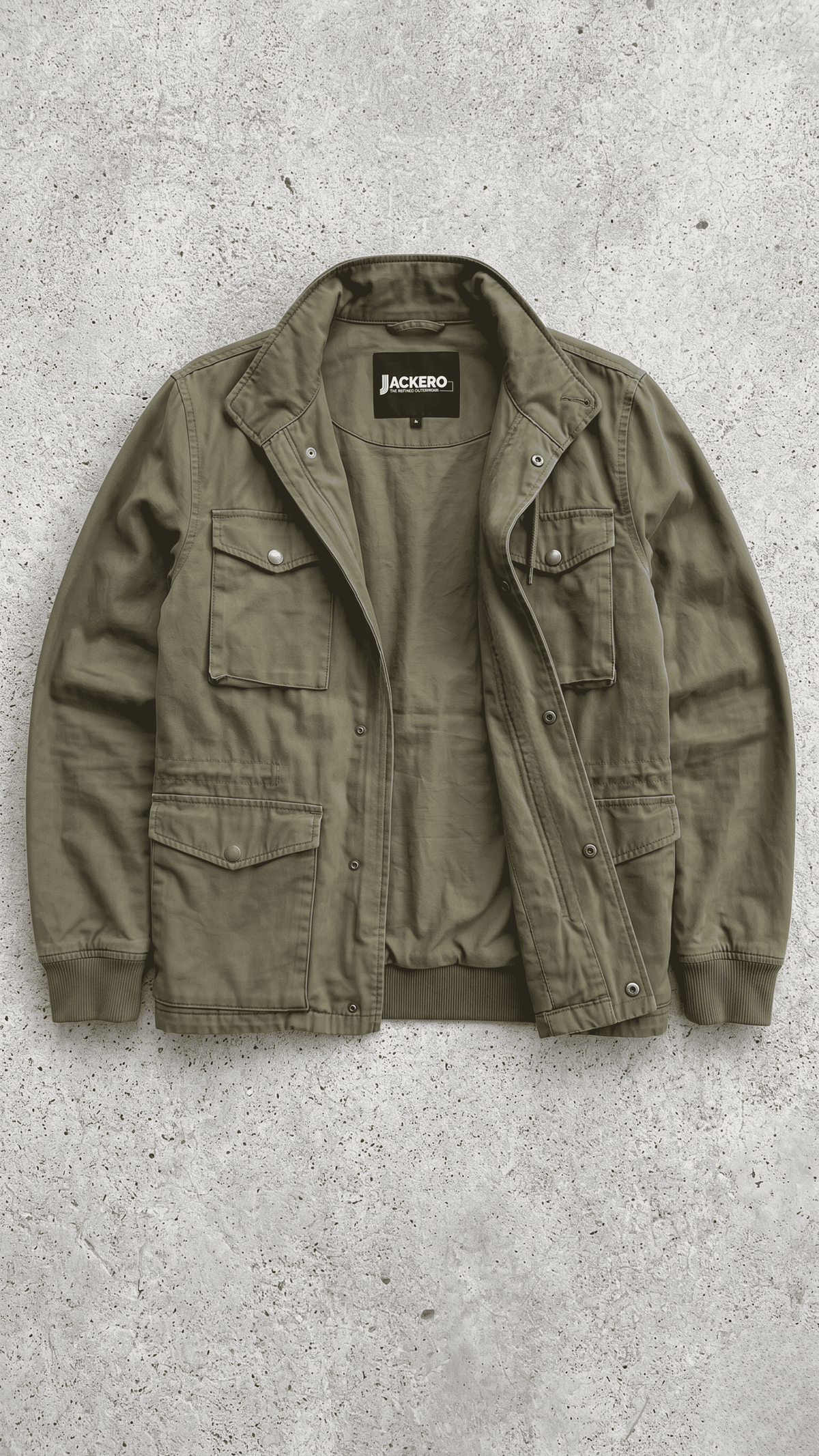 Jackero olive green utility multi-pocket jacket beautifully displayed against a minimalist studio backdrop.