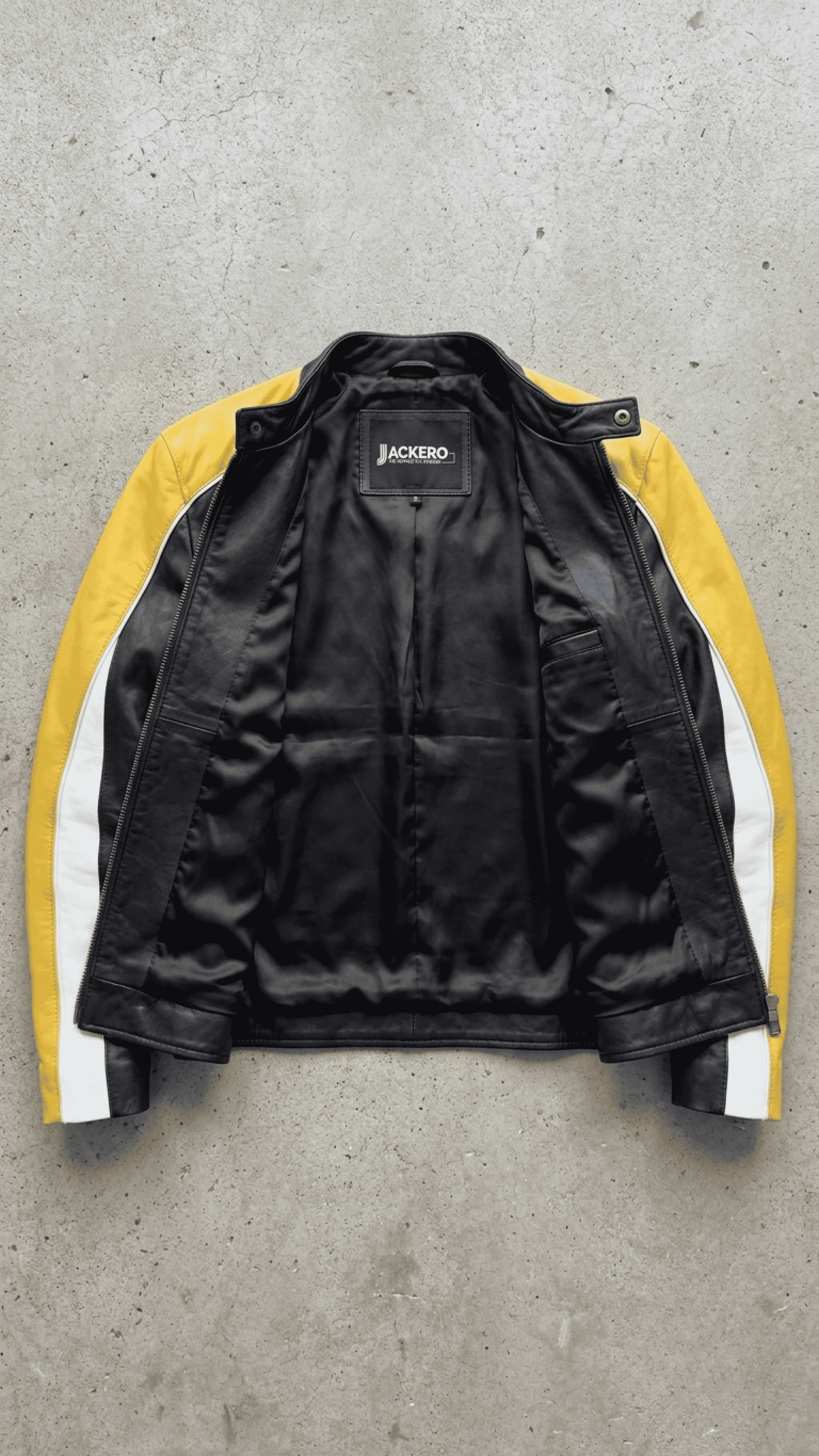 Jackero black yellow white tricolor leather cafe racer jacket beautifully presented against a clean, minimalist studio backdrop.