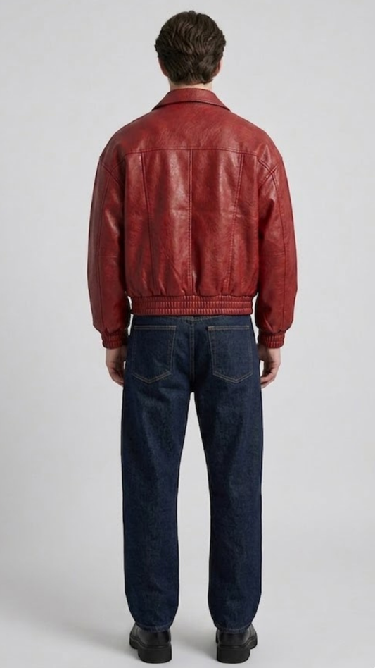 Model wearing a stylish red leather bomber jacket paired with men's vintage blue denim boot-cut jeans.