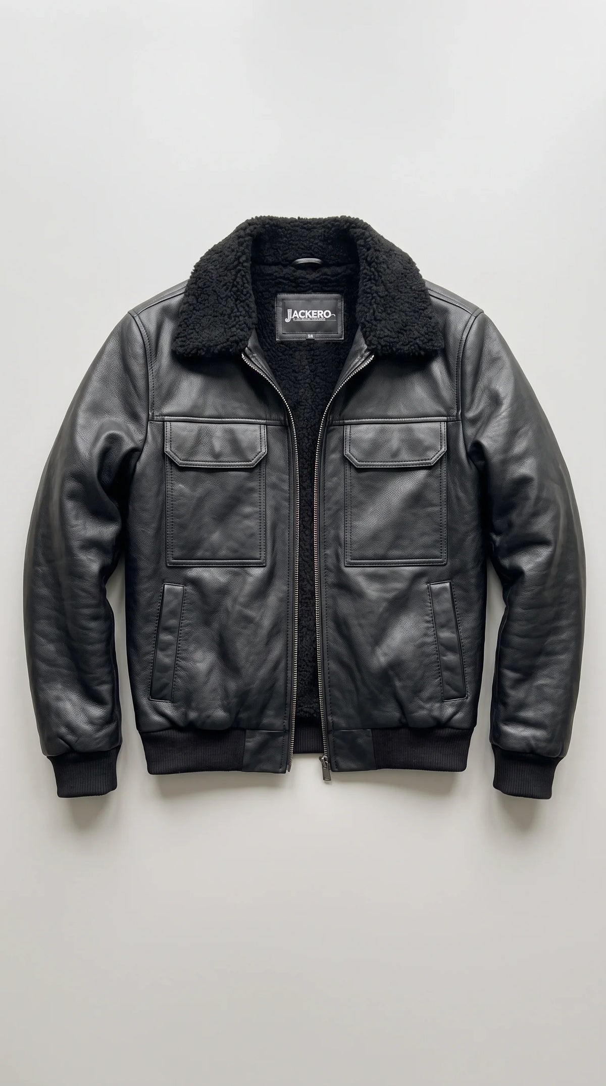 A black leather jacket with a black shearling-style collar, featuring a front zipper, two chest flap pockets, and ribbed cuffs and hem, displayed flat against a light gray background.