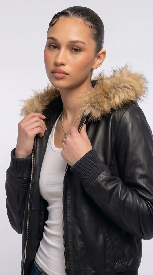 Close-up styling of a jet-black genuine leather hooded jacket highlighting its voluminous caramel-brown faux-fur trim, textured leather surface, metal front zipper and deep rib-knit sleeve cuff. The soft golden-brown fur contrasts with the dark leather and white ribbed top, giving this oversized Y2K outerwear a distinctive tactile finish inspired by vintage bomber fashion and contemporary street style.