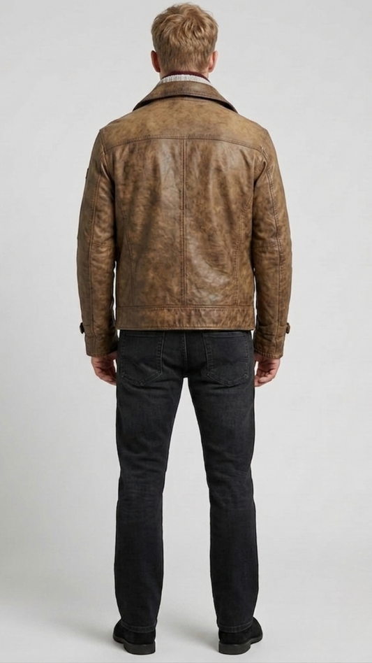 Regular fit men's brown weathered leather utility coat displaying a clean profile, sharp collar, and comfortable waist alignment.