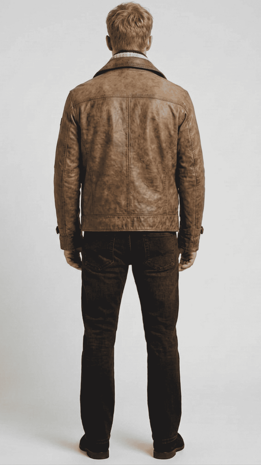 Regular fit men's brown weathered leather utility coat displaying a clean profile, sharp collar, and comfortable waist alignment.