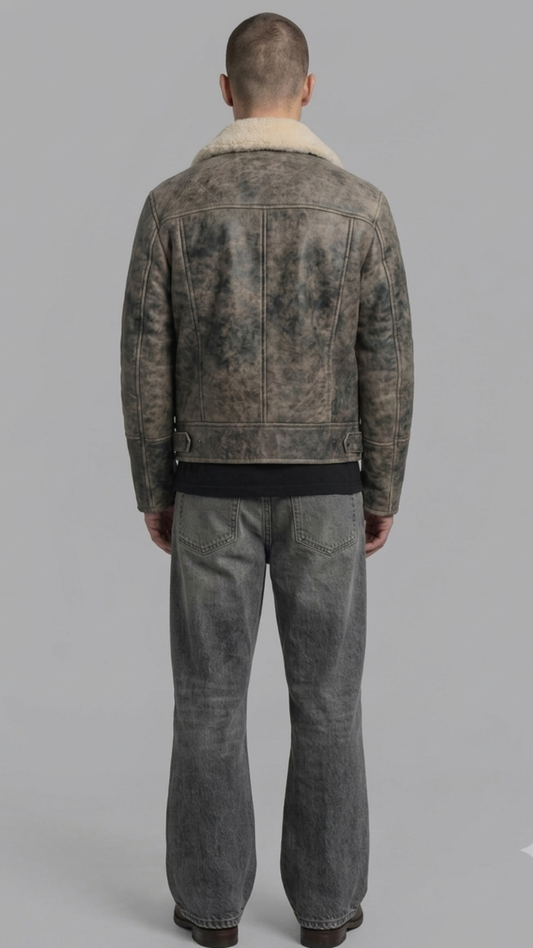 Men's classic aviator style charcoal grey leather jacket with cozy white shearling trim.