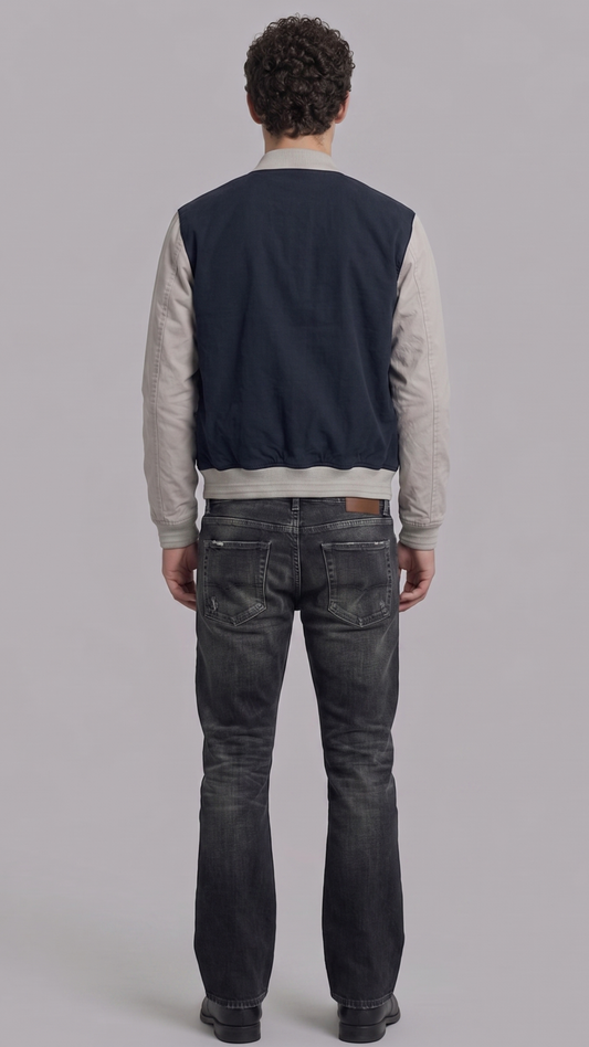 Regular fit dark navy blue and grey cotton outerwear layered effortlessly for a clean, smart-casual aesthetic.