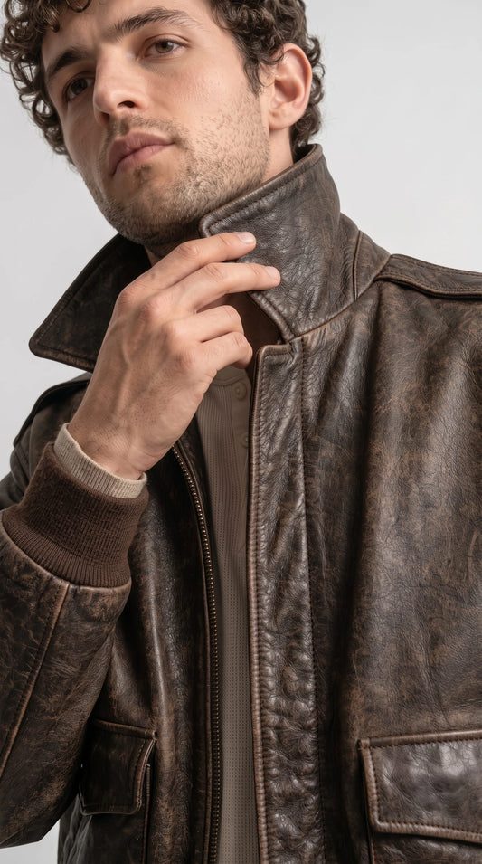 Men's vintage dark brown leather aviator flight jacket with antique rubbed-off texture, structured collar, button flap pockets and ribbed waistband, timeless pilot style jacket for winter