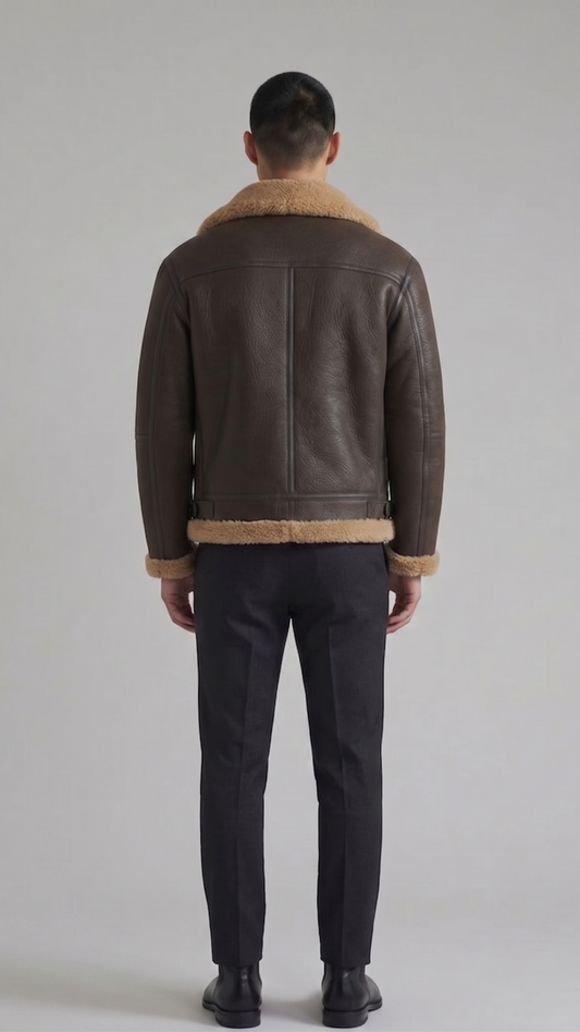 Man wearing a brown leather jacket with beige fur lining on a plain background