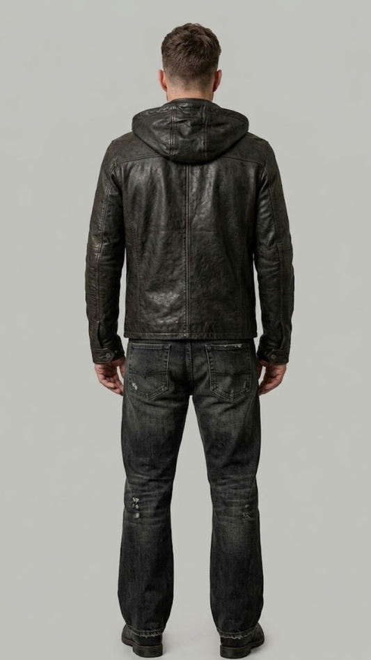 Rear view of a fitted black leather hooded jacket showcasing the tailored waist paneling and seamless shoulder construction.