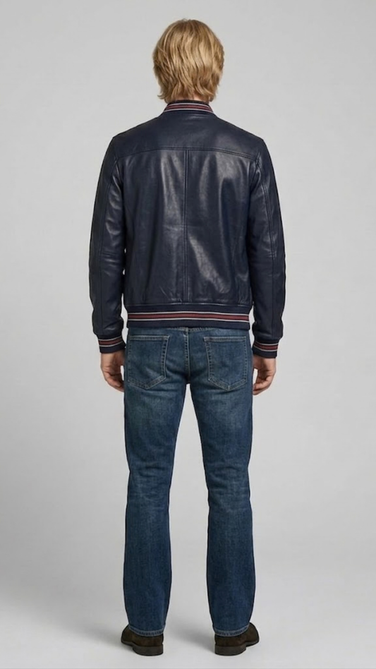 Symmetrical rear view studio shot highlighting the minimalist back panels and deep navy hue of the luxury leather flight coat.